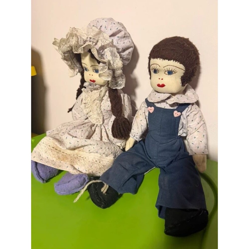 Vintage Pair Handmade Cloth Dolls Boy Girl Overalls Bonnet Calico Fabric Rag Dol